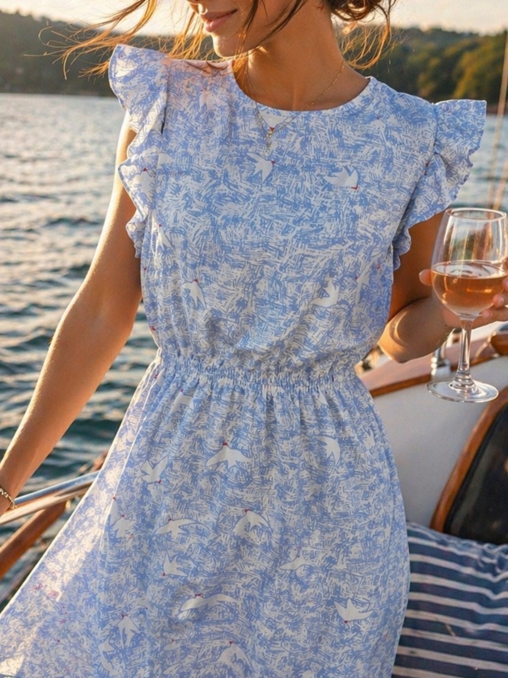RW&CO Blue White Print Dress XS Nautical Summer Boat Ruffle Sleeve Bird Print